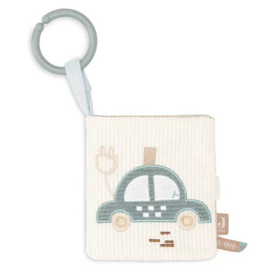 Livre d’activités bébé en tissu velours côtelé écru avec motif voiture – jouet d’éveil sensoriel à accrocher Jollein