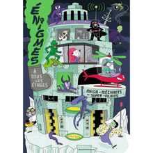  Couverture du livre "Énigmes à Tous les Étages – Méga-Méchants et Super-Vilains" avec super-vilains et laboratoire