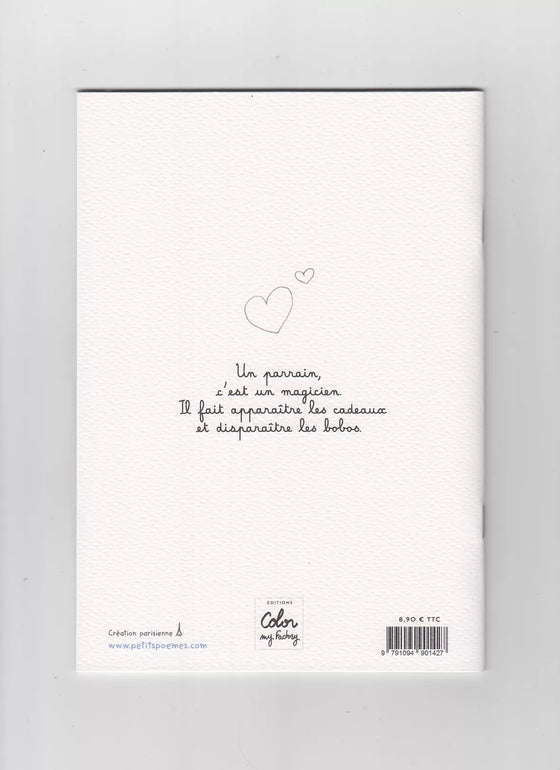 Couverture du livre poétique "Parrain – Un parrain, c’est un magicien" à offrir en cadeau – illustration festive et colorée