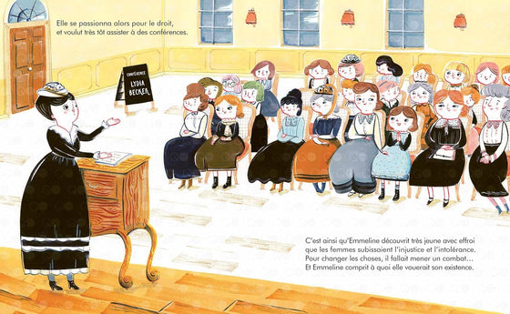 Livre pour enfants Petite & Grande Emmeline Pankhurst Kimane éditions – histoire vraie de la suffragette et défenseuse des droits des femmes