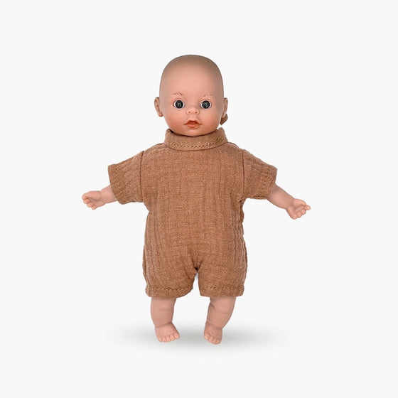 Mini poupée (17 cm) aux yeux foncés en body cassonade - Téo - Minikane