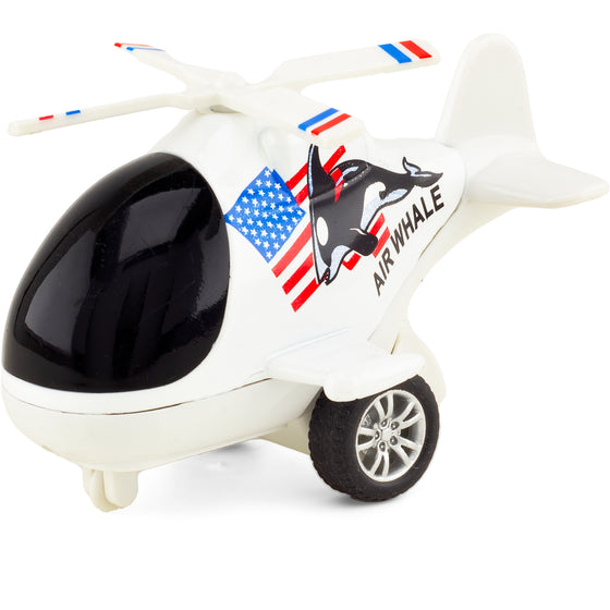 Hélicoptère miniature jouet blanc avec design original, cockpit noir et autocollants drapeau américain et français. Modèle Air Whale avec illustration d’orque, roues chromées et hélices blanches. Jouet ludique pour enfants, idéal pour les passionnés d’aviation et de véhicules aériens. Parfait comme cadeau ou objet de collection.