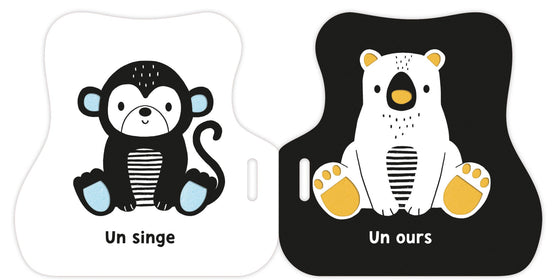 Livre poussette Auzou éveil noir et blanc animaux mignons, premier livre contrasté pour bébé