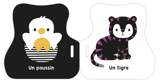Livre poussette Auzou éveil noir et blanc animaux mignons, premier livre contrasté pour bébé