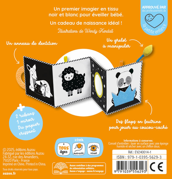Livre tissu noir et blanc Auzou éveil, premier livre sensoriel pour bébé avec anneau de dentition