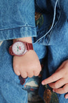 Montre enfant rouge foncé apprentissage de l’heure – motif cerise Konges Slojd