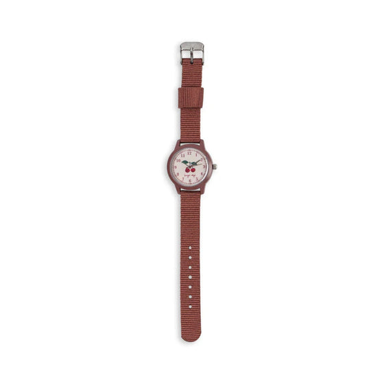 Montre enfant rouge foncé apprentissage de l’heure – motif cerise Konges Slojd