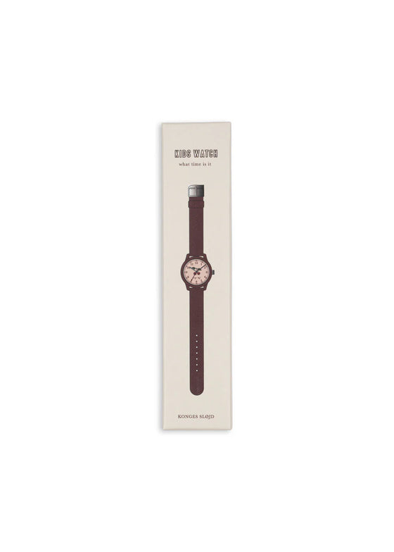 Montre enfant rouge foncé apprentissage de l’heure – motif cerise Konges Slojd