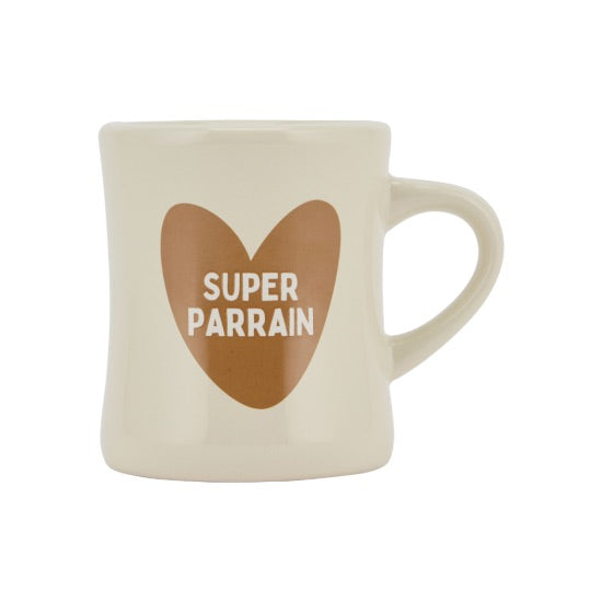 mug en céramique super parrain beige avec cœur caramel – cadeau parrain original