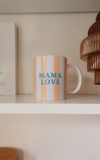 Mug blanc à rayures jaunes avec inscription bleue “MAMA LOVE” – idée cadeau joyeuse pour maman – Breizh Club