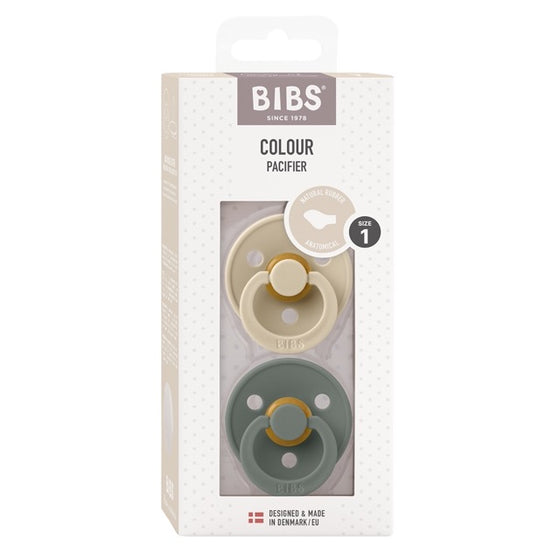 Pack de 2 tétines anatomiques, taille 1, coloris Vanilla et Pine, marque Bibs.