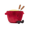 Peluche Jellycat Amuseables Cheese Fondue rouge avec baguettes, sourire, jouet rigolo