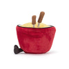 Peluche Jellycat Amuseables Cheese Fondue rouge avec baguettes, sourire, jouet rigolo