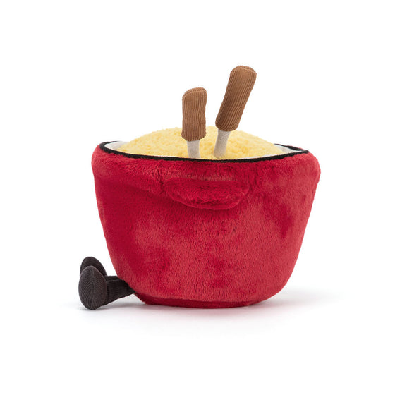 Peluche Jellycat Amuseables Cheese Fondue rouge avec baguettes, sourire, jouet rigolo