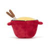 Peluche Jellycat Amuseables Cheese Fondue rouge avec baguettes, sourire, jouet rigolo