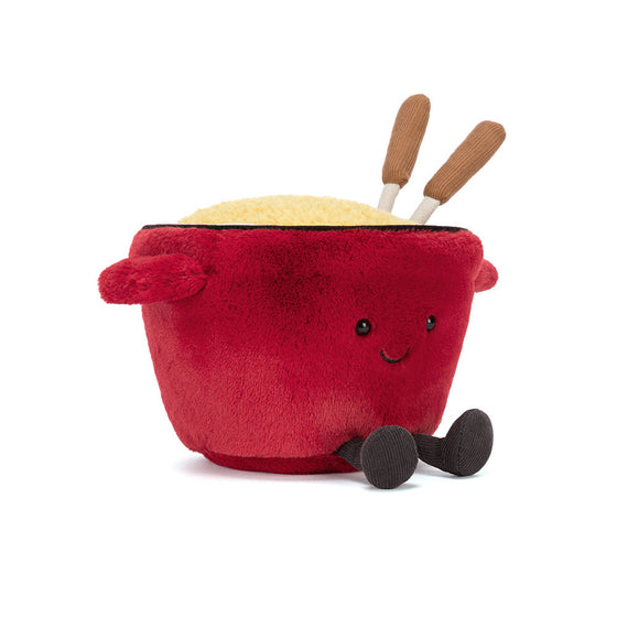 Peluche Jellycat Amuseables Cheese Fondue rouge avec baguettes, sourire, jouet rigolo