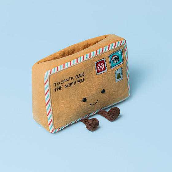 Peluche Jellycat Letter to Santa en forme de lettre avec timbres souriante