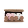 Peluche marshmallow chocolat avec deux visages souriants et biscuits