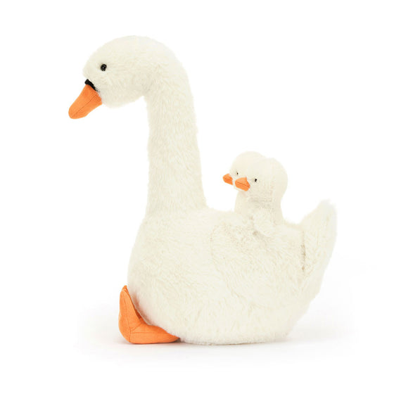 Peluche cygne à plumes avec ses bébés Jellycat.