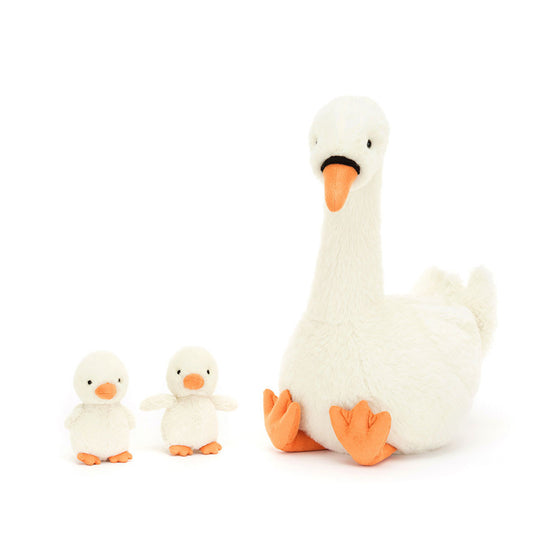 Peluche cygne à plumes avec ses bébés Jellycat.