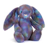 Peluche lapin Zodihop Jellycat multicolore violet et bleu avec longues oreilles toutes douces