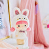 Peluche Pascale Fluffy Momiji avec capuche lapin et nœud liberty