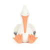 Peluche pélican Jellycat blanc avec grand bec orange et pattes palmées
