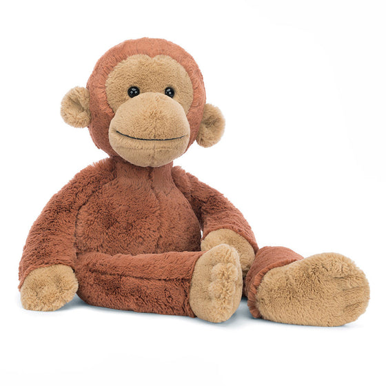Peluche Jellycat singe orang-outan Pongo marron assis avec grands bras et sourire