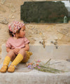 Foulard coton fleuri rose porté en bandana bébé été style bohème Jaya Rose Bluch Bëllemme.