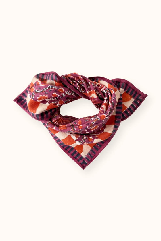 Foulard Apaches Collections Cactus Cherry – Accessoire en coton, grand ou petit modèle, imprimé original rouge et prune.