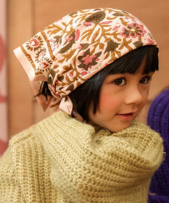 Foulard Mina rose poudré Bellemme – foulard fleurs coton, accessoire cheveux et cou femme et enfant