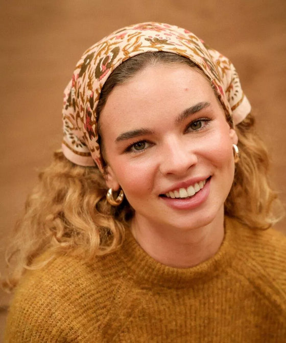 Foulard Mina rose poudré Bellemme – foulard fleurs coton, accessoire cheveux et cou femme et enfant