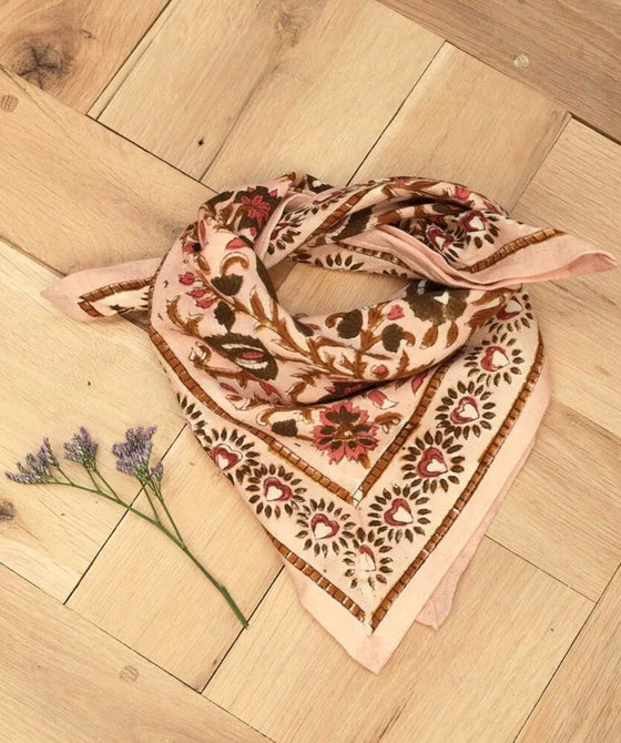 Foulard Mina rose poudré Bellemme – foulard fleurs coton, accessoire cheveux et cou femme et enfant