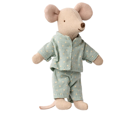 Petit frère souris Maileg dans sa boîte d’allumettes – pyjama bleu ciel à pois