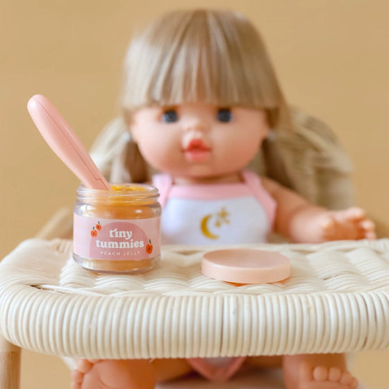 Petit pot magique et sa cuillère, saveur pêche, Tiny Harlow pour poupée.