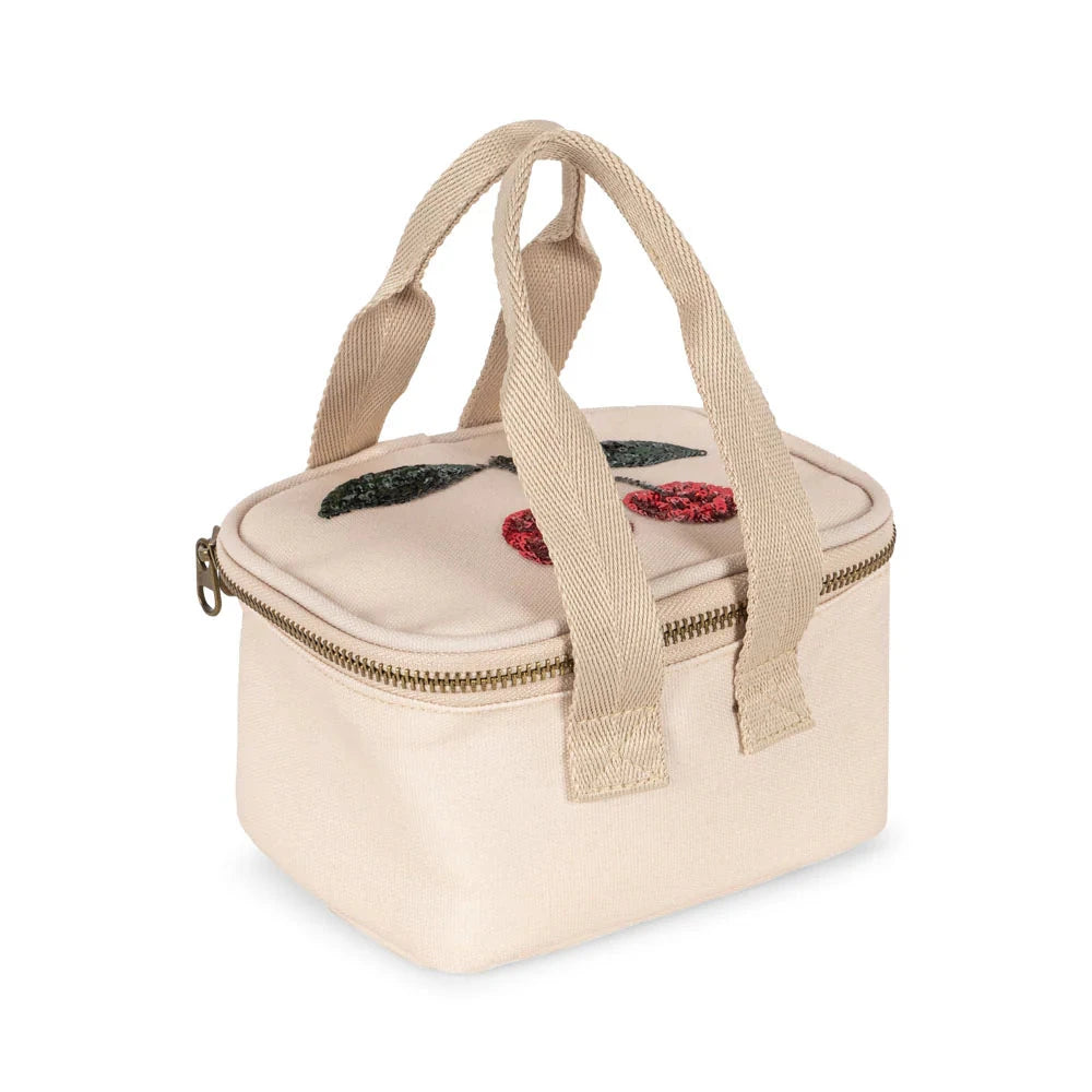 Petit sac isotherme Konges Slojd motif cerise sequins dorés – lunch bag enfant en toile beige avec fermeture éclair
