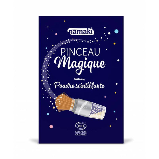 Pinceau magique, poudre scintillante argentée pour le corps, marque Namaki.