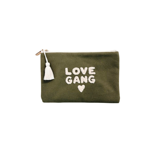 Pochette verte en coton bio Love Gang avec broderie crème Zakuw