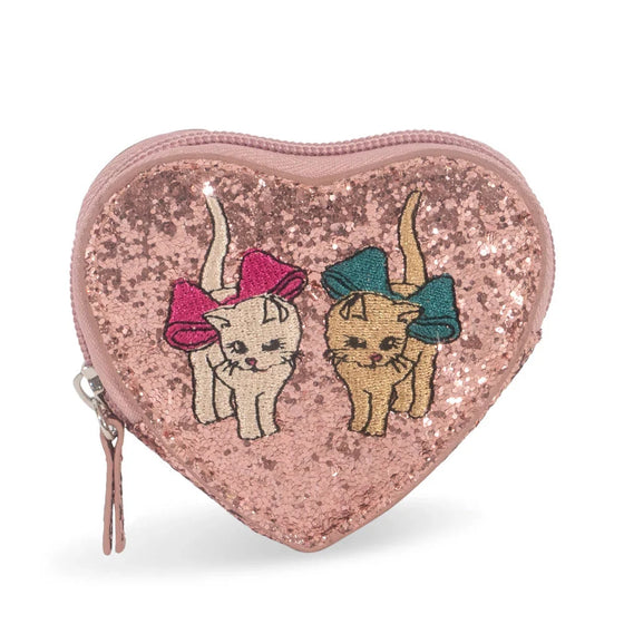 Porte-monnaie enfant cœur rose pailleté avec motif chats brodés Konges Sløjd