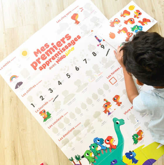 Poster géant maternelle avec 60 stickers, thème dinosaure, Poppik.