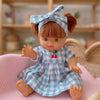 Robe Chloé et nœud pour poupée – Cerise vichy bleu ciel Salli Collective