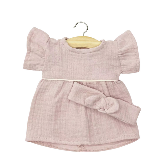 Robe Daisy gaze de coton rose orchidée Minikane avec headband poupées Gordis 34 cm