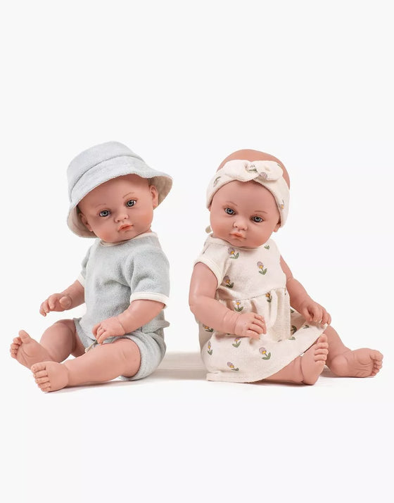 Robe Faustine sans manches en éponge imprimé fleurs douces avec headband pour poupées Bambinis Minikane