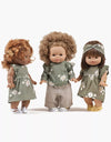 Robe Faustine sans manches en jersey vert à marguerites pour poupées Gordis Minikane – tenue fleurie pour jeux d’imitation.