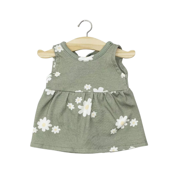 Robe Faustine sans manches en jersey vert à marguerites pour poupées Gordis Minikane – tenue fleurie pour jeux d’imitation.