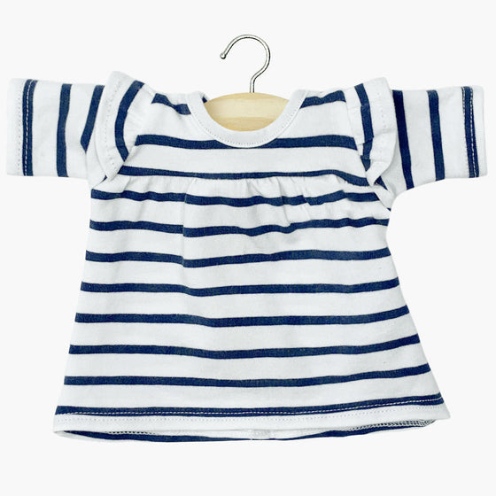 Robe Mélodie pour poupées Gordis Minikane : marinière à rayures bleu marine en jersey, confortable et élégante pour habiller les poupées avec style.