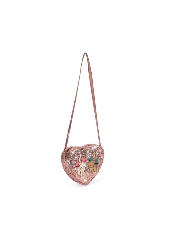 Sac à bandoulière enfant rose pailleté avec motif chats en forme de cœur Konges Sløjd
