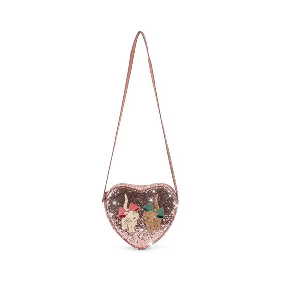 Sac à bandoulière enfant rose pailleté avec motif chats en forme de cœur Konges Sløjd