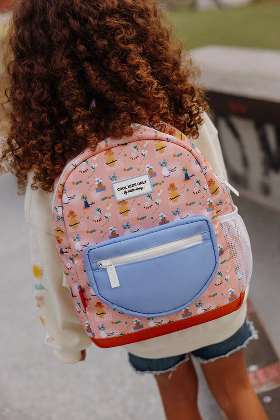 Sac à dos enfant Hello Hossy Flore corail bleu et marron à motifs