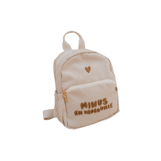 Sac à dos enfant beige brodé “Minus en vadrouille” Zakuw